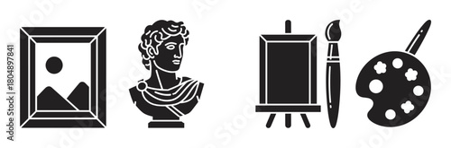 A collection of black glyph icons representing fine art and creativity, featuring a framed painting, a classical bust, an artist's easel with a canvas, and a paint palette