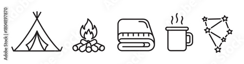 A set of minimalist black line icons for camping, including a teepee tent, a bonfire, a folded blanket, a steaming mug, and a star constellation for outdoor adventure