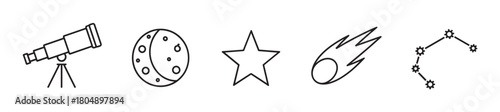 A collection of astronomy and space exploration icons featuring a telescope, moon, star, meteor, and constellation, all depicted in a clean, minimalist black line art style