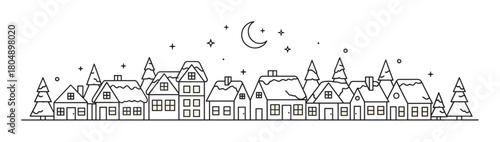 A charming hand-drawn illustration of a cozy winter village at night with snow-covered houses, pine trees, and a starry sky with a crescent moon, in a minimalist line art style