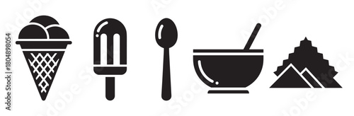 Minimalist graphic icon set featuring various sweet treats and utensils, with a gelato cone, an ice lolly, a spoon, a dessert bowl, and a pyramid-shaped confection