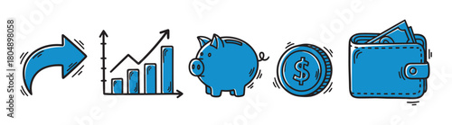 A collection of hand-drawn blue doodle icons representing finance and business concepts, including a growth chart, piggy bank, coin, wallet with cash, and an arrow