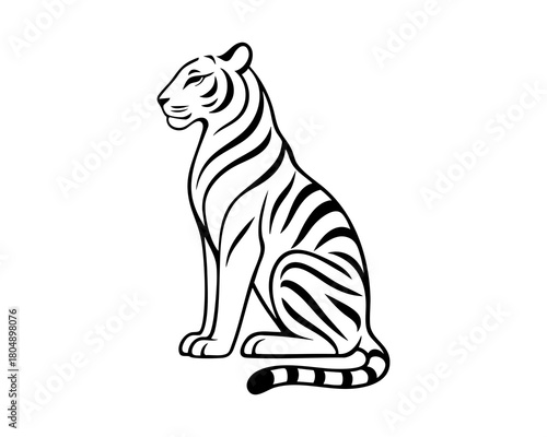 Wall Mural Elegant sitting tiger in minimalist black line art style, clean monochrome wild cat illustration perfect for logos, icons, tattoos and modern branding design