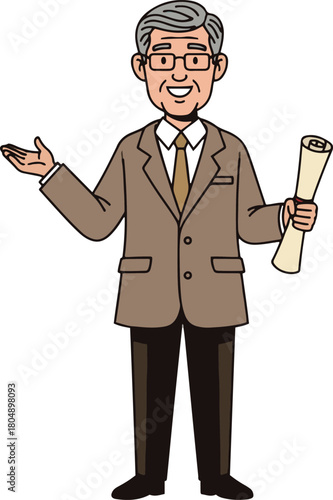 A smiling, older businessman or professor, dressed in a suit and glasses, holds a rolled-up document or diploma in one hand while gesturing openly with the other. 