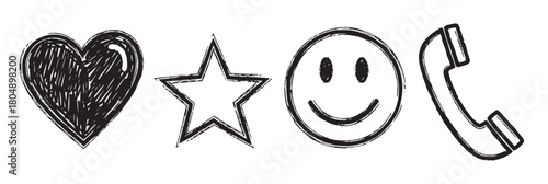 A collection of four black hand-drawn grunge icons, featuring a heart, a star, a smiley face, and a telephone receiver, representing communication and social media