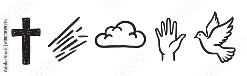 Set of five religious icons representing faith and spirituality, featuring a cross, flying dove, open palm, and cloud, all illustrated in a minimalist black ink sketch style
