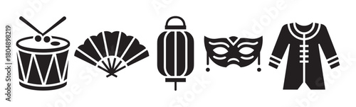 A collection of black glyph icons representing traditional Asian culture, including a drum, folding fan, paper lantern, festive mask, and a classic tunic in a simple graphic style
