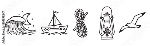 A collection of five maritime themed doodle illustrations featuring an ocean wave, a sailing boat, a coil of rope, a vintage lantern, and a flying bird in a minimalist sketch style