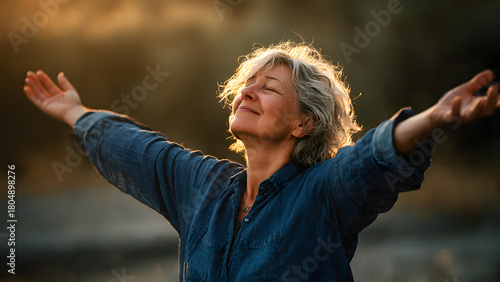 Middle-aged adults, happy older women, yoga with open arms, prayer, deep calm, stress relief, outdoor nature, public park, sunlight, self-love, relaxation, mental health care.