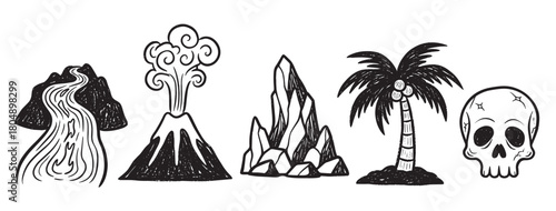 A collection of hand-drawn adventure icons including a volcano, mountain river, rocky cliffs, palm tree, and skull, illustrated in a black and white textured sketch style
