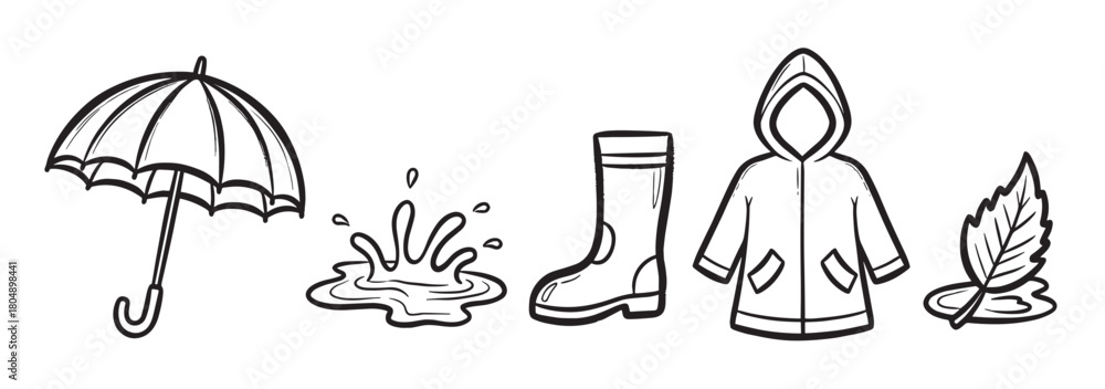 Obraz premium A collection of hand-drawn autumn icons including an umbrella, puddle splash, rubber boot, raincoat, and a leaf, illustrated in a simple black and white doodle style