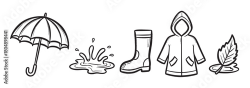 A collection of hand-drawn autumn icons including an umbrella, puddle splash, rubber boot, raincoat, and a leaf, illustrated in a simple black and white doodle style