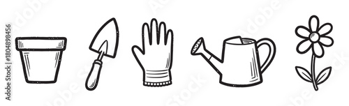 A charming set of hand-drawn gardening equipment and a plant, featuring a flowerpot, trowel, glove, watering can, and a simple flower in a black ink doodle style