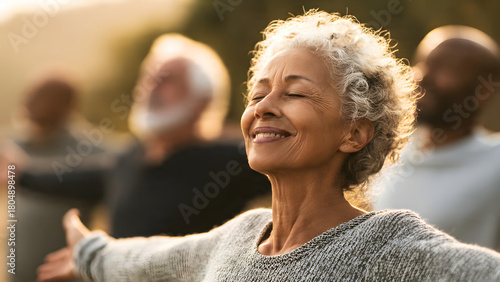 Middle-aged adults, happy older women, yoga with open arms, prayer, deep calm, stress relief, outdoor nature, public park, sunlight, self-love, relaxation, mental health care.