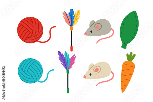 Cat toy icon set. Cat toy vector set. Collection of yarn balls, mice, feathers and plush fruits. Design for sticker, card, banner, poster, invitation.