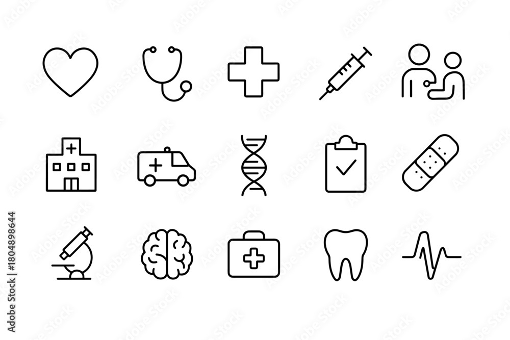 Fototapeta premium Medical icon set. Medical vector set. Icons of healthcare, hospital, ambulance, cross, DNA, heart, pill and doctor tools. Design for app, interface, web, card, banner.