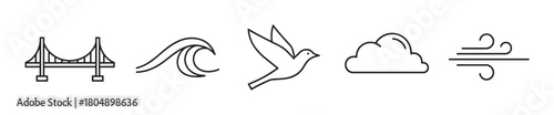 Minimalist black outline icon set featuring a large suspension bridge, a curling sea wave, a peaceful flying bird, a simple weather cloud, and a graphic representation of wind