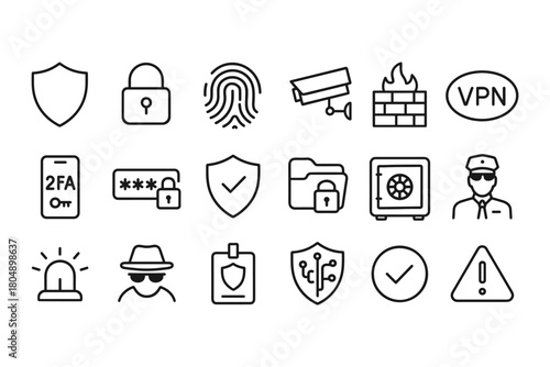 Cyber security icon set. Cyber security vector set. Set of digital protection symbols with lock, VPN, camera, password and firewall icons. Design for banner, app, interface, web.