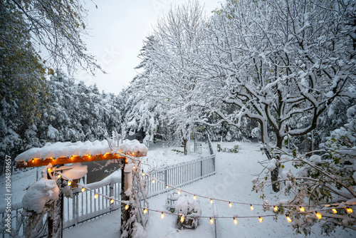 Backyard after heavy snowfall in early winter