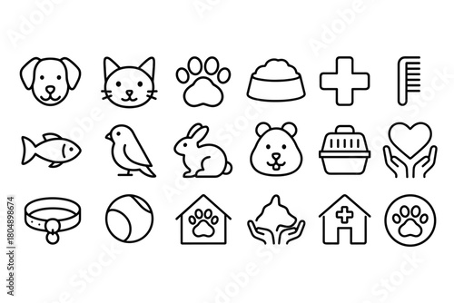 Pet icon set. Pet vector set. Animal care and veterinary icons with dog, cat, paw, collar, fish and bird. Design for card, app, banner, sticker, web.
