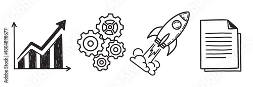 A set of hand-drawn business icons including a growth chart, interlocking gears, a launching rocket, and documents, representing startup concepts, progress, and teamwork