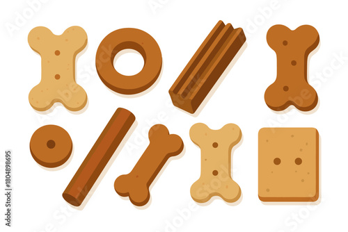 Dog treat icon set. Dog treat vector set. Various brown crunchy dog treats in different shapes. Design for sticker, card, poster, banner, invitation.