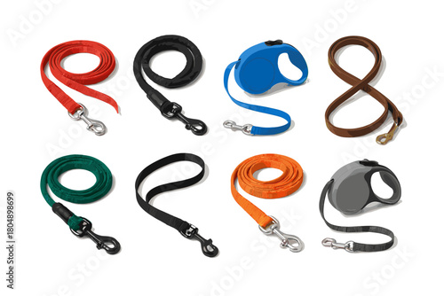 Dog leash icon set. Dog leash vector set. Collection of colorful rope and retractable leashes for pets. Design for banner, card, sticker, poster, invitation.
