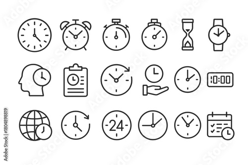Time icon set. Time vector set. Collection of clocks, timers, alarm clocks, watches and hourglass symbols. Design for app, card, banner, interface, web.
