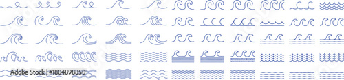Set of Blue Wave Icons | Simple Water, Sea, and Ocean Line Art Symbols - wave icon, ocean waves, water waves, sea waves, line art, vector set, surf symbol, ripple effect, blue line, 