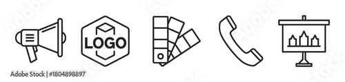 Minimalist black line art icons for branding and communication concepts, featuring a bullhorn, logo emblem, color swatches, phone receiver, and project presentation
