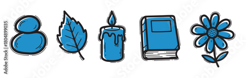 Set of five blue doodle illustrations featuring a user avatar, a plant leaf, a burning candle, a hardcover book, and a simple flower with a thick black outline