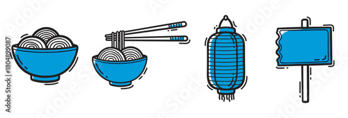 A collection of hand-drawn Asian food and cultural icons, including noodle bowls, chopsticks, a paper lantern, and a blank sign, rendered in a simple blue and black doodle style