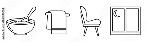 A graphic collection of home and lifestyle icons in a clean outline style, featuring a bowl of cereal, a hanging towel, a side-profile chair, and a window showing a crescent moon