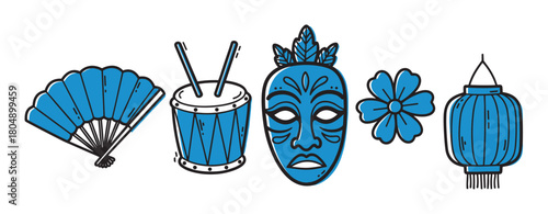 A charming blue and black doodle illustration featuring cultural and festive elements: a traditional folding fan, a drum with sticks, an ornate tribal mask, a delicate flower, and a hanging lantern