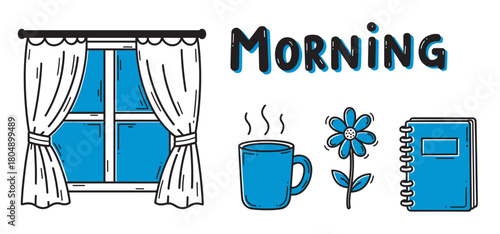 A charming doodle set of morning routine icons including a window with curtains, a steaming mug, a flower, a notebook, and hand-drawn lettering