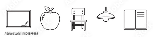 A set of minimalist line art icons representing education and learning, including a chalkboard, apple, school chair, hanging lamp, and an open book in a simple graphic style