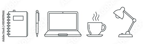 A set of minimalist line art icons representing office supplies and workspace essentials, including a notebook, pen, laptop, steaming coffee cup, and a desk lamp