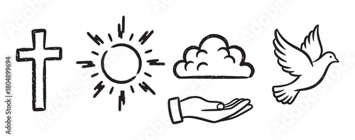 A set of five hand-drawn black and white doodle icons featuring a Christian cross, radiant sun, fluffy cloud, open receiving hand, and graceful flying dove, all in a rough sketch style