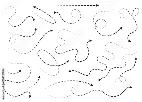 Dotted and dashed path route isolated on white background. Minimal travel line showing trip direction, destination point, and journey trace. Simple navigation symbol for map or route planning designs.