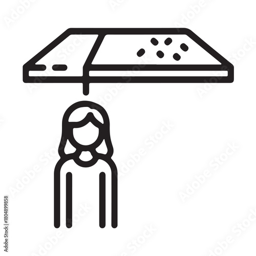 Woman under a leaky roof icon simple line vector illustration isolated on white background representing home repair or maintenance issues