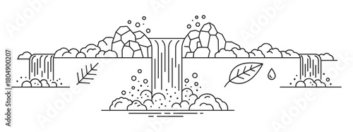 A minimalist black and white line art illustration of a scenic waterfall landscape with rocky cliffs, flowing water, splashing foam, and simple nature icons