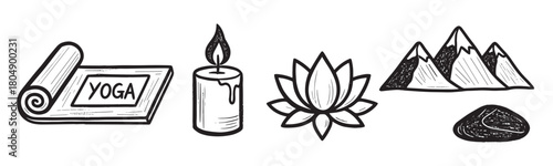 A collection of hand-drawn doodle icons representing wellness and meditation, featuring a yoga mat, a lit candle, a lotus flower, mountains, and a smooth stone