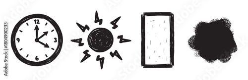 A set of four hand-drawn black grunge icons, including a sketchy clock, a stylized sun, a rectangular frame, and an abstract blot, created with a rough brush stroke texture