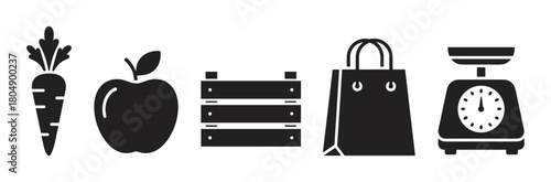 A set of black glyph icons representing grocery shopping, including a carrot, apple, wooden crate, shopping bag, and a kitchen scale for weighing produce at a market