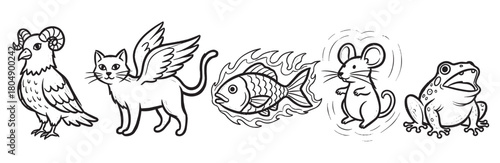 A whimsical collection of hand-drawn mythical and real animals, including a horned bird, winged cat, flaming fish, vibrating mouse, and frog in a simple line art style
