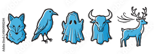 Set of five stylized blue icons including a fox head, a raven, a spooky ghost, a bull head, and a majestic stag, created with a rough, hand-drawn line art technique