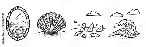 A set of four hand-drawn nautical icons in a simple line art style, featuring a porthole with a sea view, a seashell, broken glass on sand, and a crashing ocean wave
