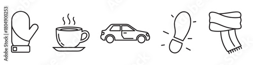 A set of winter-themed line art icons including a mitten, a steaming hot drink, a car, a boot print, and a warm scarf, representing cold weather activities