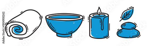 A set of hand-drawn spa and wellness icons, including a rolled towel, bowl, lit candle, and zen stones with a leaf, illustrated in a simple blue and black doodle style
