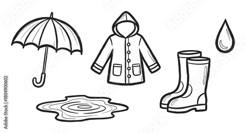 A charming collection of hand-drawn rainy day essentials, including an umbrella, raincoat, rubber boots, a puddle, and a raindrop, all in a simple black and white doodle style